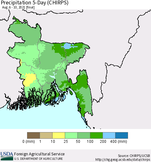 Bangladesh Precipitation 5-Day (CHIRPS) Thematic Map For 8/6/2021 - 8/10/2021