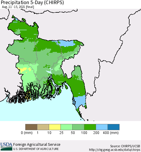 Bangladesh Precipitation 5-Day (CHIRPS) Thematic Map For 8/11/2021 - 8/15/2021