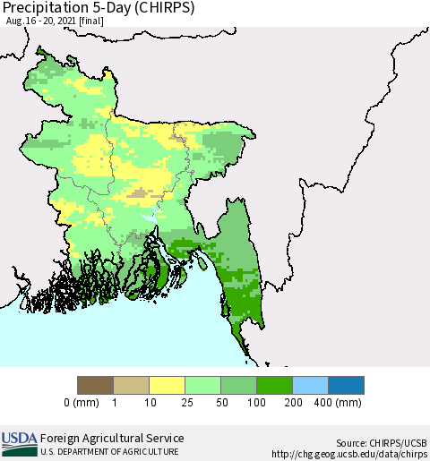 Bangladesh Precipitation 5-Day (CHIRPS) Thematic Map For 8/16/2021 - 8/20/2021