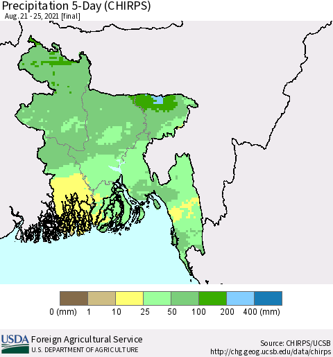 Bangladesh Precipitation 5-Day (CHIRPS) Thematic Map For 8/21/2021 - 8/25/2021