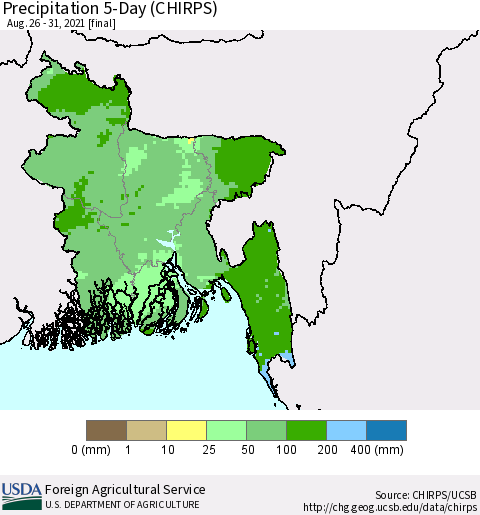 Bangladesh Precipitation 5-Day (CHIRPS) Thematic Map For 8/26/2021 - 8/31/2021