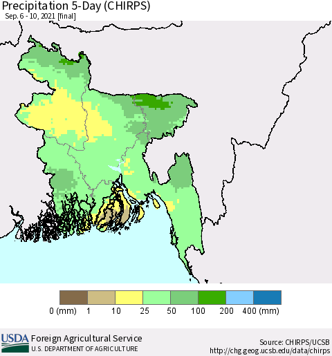 Bangladesh Precipitation 5-Day (CHIRPS) Thematic Map For 9/6/2021 - 9/10/2021