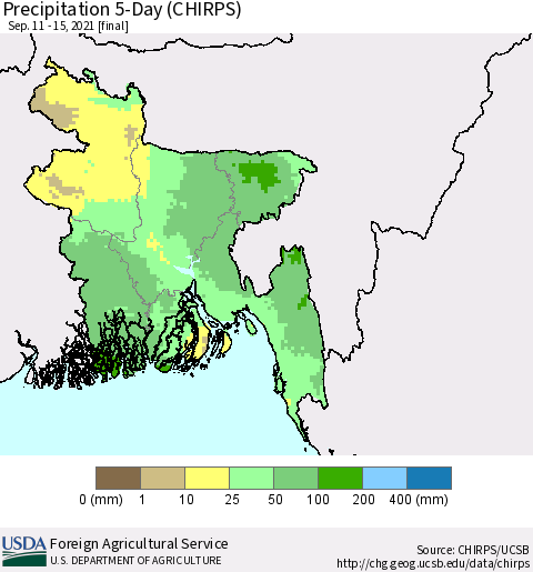 Bangladesh Precipitation 5-Day (CHIRPS) Thematic Map For 9/11/2021 - 9/15/2021