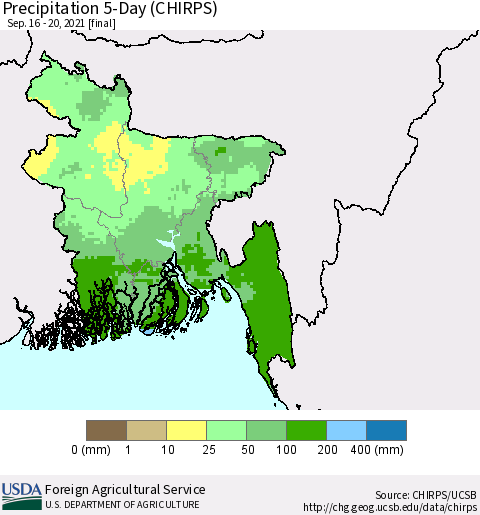 Bangladesh Precipitation 5-Day (CHIRPS) Thematic Map For 9/16/2021 - 9/20/2021