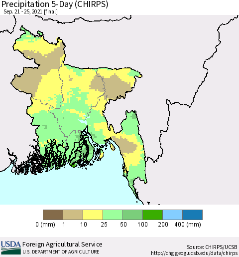 Bangladesh Precipitation 5-Day (CHIRPS) Thematic Map For 9/21/2021 - 9/25/2021