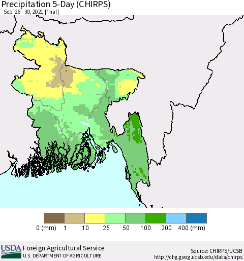 Bangladesh Precipitation 5-Day (CHIRPS) Thematic Map For 9/26/2021 - 9/30/2021