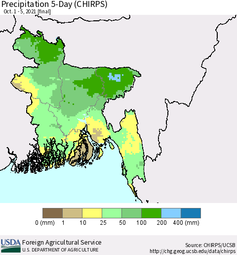Bangladesh Precipitation 5-Day (CHIRPS) Thematic Map For 10/1/2021 - 10/5/2021