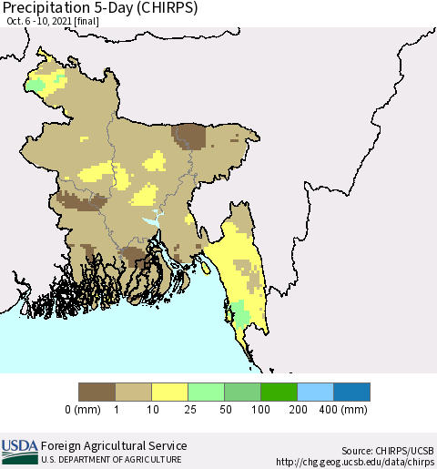 Bangladesh Precipitation 5-Day (CHIRPS) Thematic Map For 10/6/2021 - 10/10/2021
