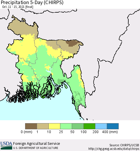 Bangladesh Precipitation 5-Day (CHIRPS) Thematic Map For 10/11/2021 - 10/15/2021