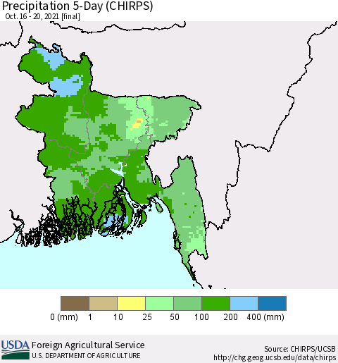 Bangladesh Precipitation 5-Day (CHIRPS) Thematic Map For 10/16/2021 - 10/20/2021