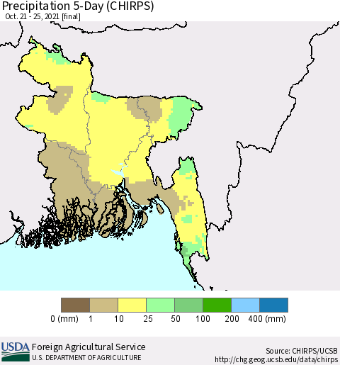 Bangladesh Precipitation 5-Day (CHIRPS) Thematic Map For 10/21/2021 - 10/25/2021