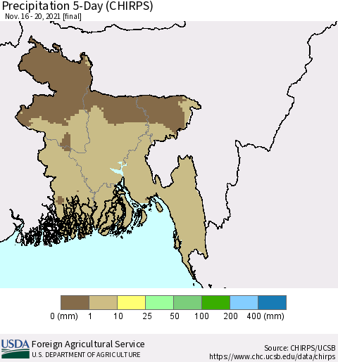 Bangladesh Precipitation 5-Day (CHIRPS) Thematic Map For 11/16/2021 - 11/20/2021