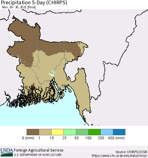 Bangladesh Precipitation 5-Day (CHIRPS) Thematic Map For 11/26/2021 - 11/30/2021