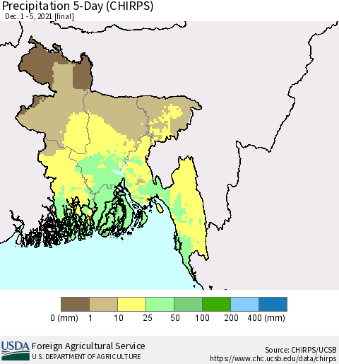 Bangladesh Precipitation 5-Day (CHIRPS) Thematic Map For 12/1/2021 - 12/5/2021
