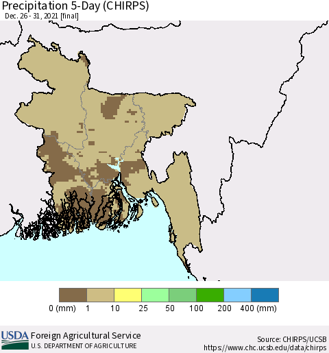 Bangladesh Precipitation 5-Day (CHIRPS) Thematic Map For 12/26/2021 - 12/31/2021