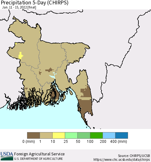 Bangladesh Precipitation 5-Day (CHIRPS) Thematic Map For 1/11/2022 - 1/15/2022