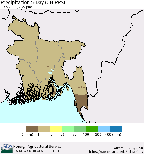 Bangladesh Precipitation 5-Day (CHIRPS) Thematic Map For 1/21/2022 - 1/25/2022