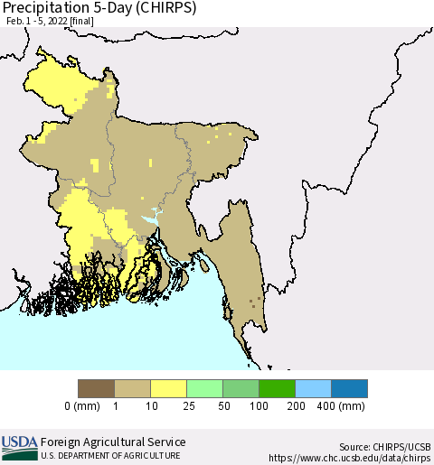 Bangladesh Precipitation 5-Day (CHIRPS) Thematic Map For 2/1/2022 - 2/5/2022