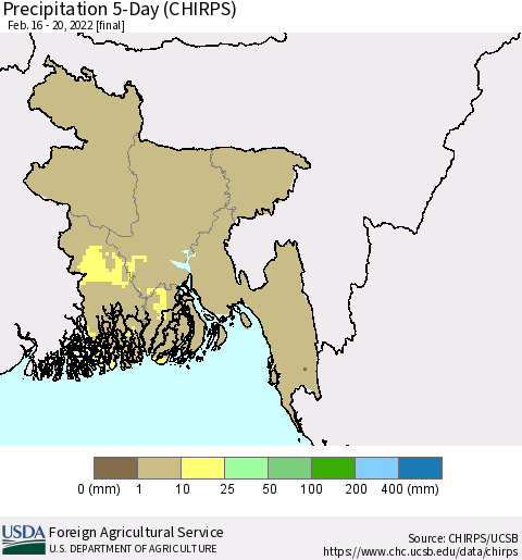Bangladesh Precipitation 5-Day (CHIRPS) Thematic Map For 2/16/2022 - 2/20/2022