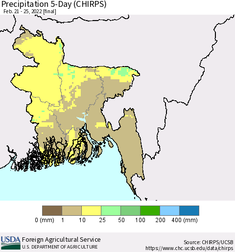 Bangladesh Precipitation 5-Day (CHIRPS) Thematic Map For 2/21/2022 - 2/25/2022