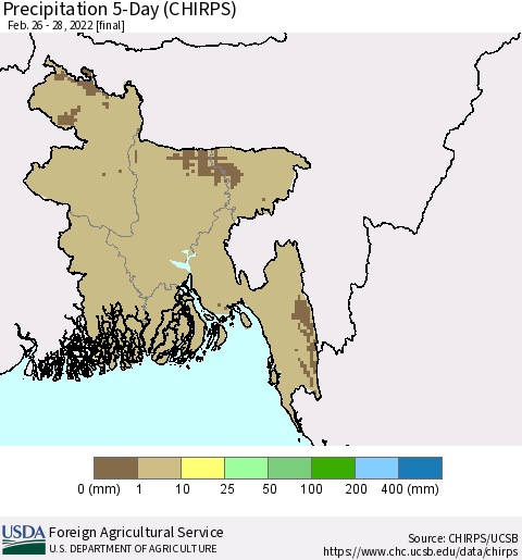 Bangladesh Precipitation 5-Day (CHIRPS) Thematic Map For 2/26/2022 - 2/28/2022