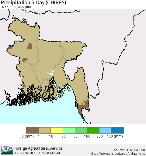 Bangladesh Precipitation 5-Day (CHIRPS) Thematic Map For 3/6/2022 - 3/10/2022