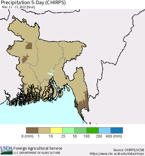 Bangladesh Precipitation 5-Day (CHIRPS) Thematic Map For 3/11/2022 - 3/15/2022