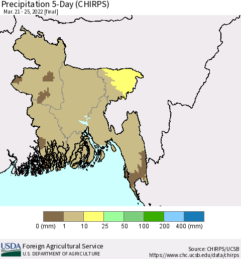 Bangladesh Precipitation 5-Day (CHIRPS) Thematic Map For 3/21/2022 - 3/25/2022