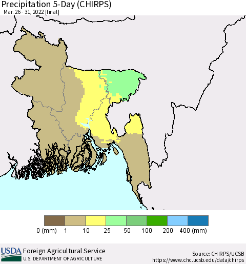 Bangladesh Precipitation 5-Day (CHIRPS) Thematic Map For 3/26/2022 - 3/31/2022