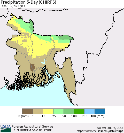 Bangladesh Precipitation 5-Day (CHIRPS) Thematic Map For 4/1/2022 - 4/5/2022