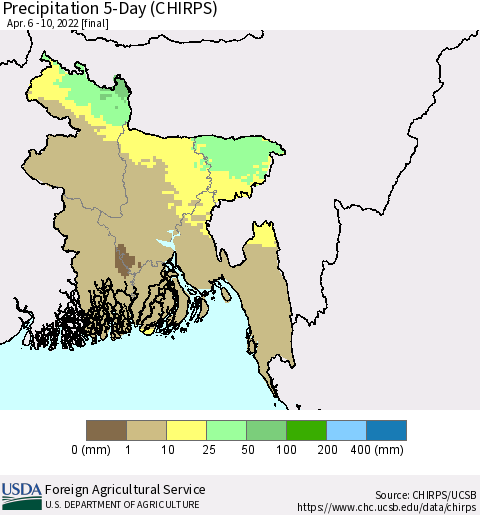 Bangladesh Precipitation 5-Day (CHIRPS) Thematic Map For 4/6/2022 - 4/10/2022