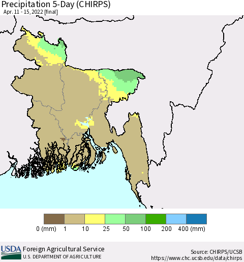 Bangladesh Precipitation 5-Day (CHIRPS) Thematic Map For 4/11/2022 - 4/15/2022