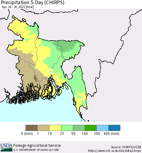 Bangladesh Precipitation 5-Day (CHIRPS) Thematic Map For 4/16/2022 - 4/20/2022