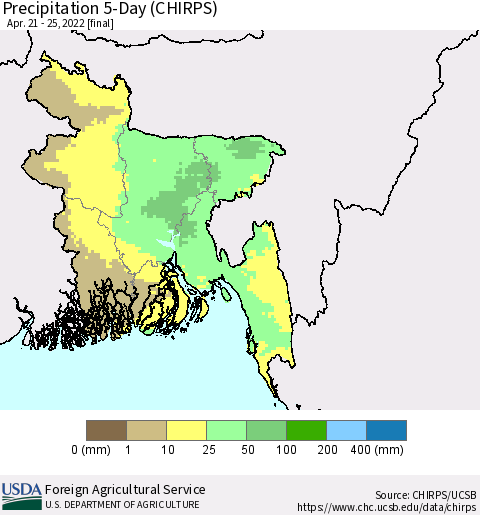 Bangladesh Precipitation 5-Day (CHIRPS) Thematic Map For 4/21/2022 - 4/25/2022