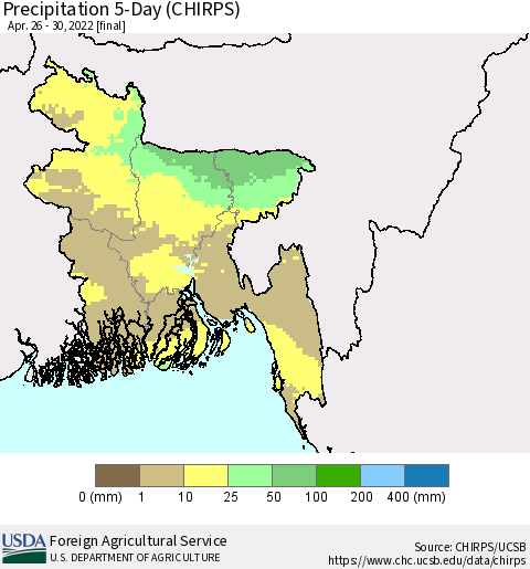 Bangladesh Precipitation 5-Day (CHIRPS) Thematic Map For 4/26/2022 - 4/30/2022