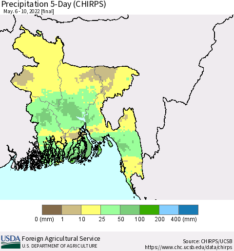 Bangladesh Precipitation 5-Day (CHIRPS) Thematic Map For 5/6/2022 - 5/10/2022