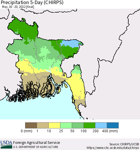 Bangladesh Precipitation 5-Day (CHIRPS) Thematic Map For 5/16/2022 - 5/20/2022