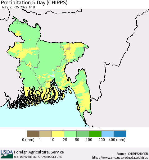 Bangladesh Precipitation 5-Day (CHIRPS) Thematic Map For 5/21/2022 - 5/25/2022