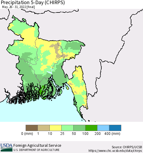 Bangladesh Precipitation 5-Day (CHIRPS) Thematic Map For 5/26/2022 - 5/31/2022