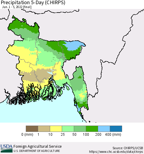 Bangladesh Precipitation 5-Day (CHIRPS) Thematic Map For 6/1/2022 - 6/5/2022