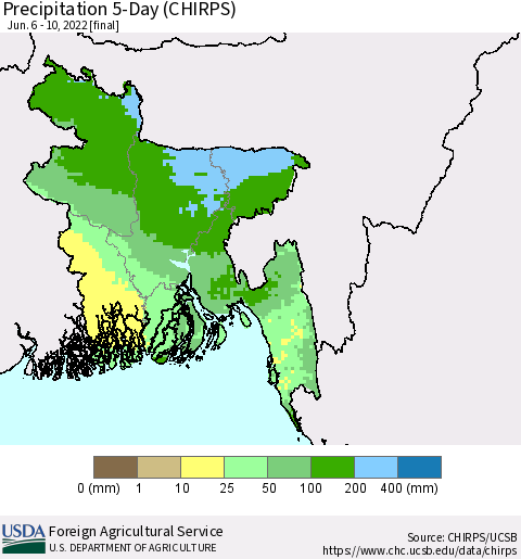 Bangladesh Precipitation 5-Day (CHIRPS) Thematic Map For 6/6/2022 - 6/10/2022