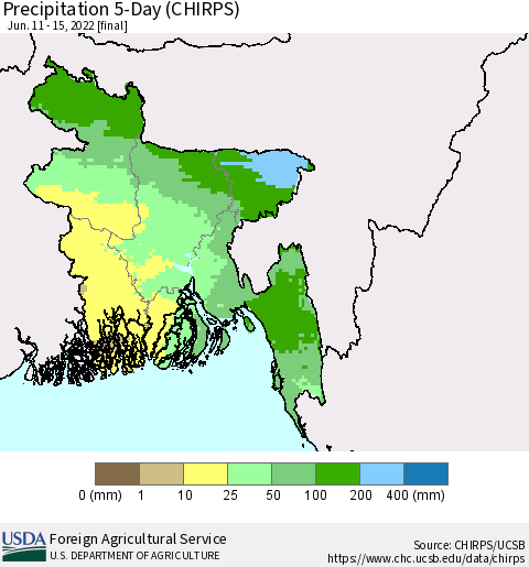 Bangladesh Precipitation 5-Day (CHIRPS) Thematic Map For 6/11/2022 - 6/15/2022