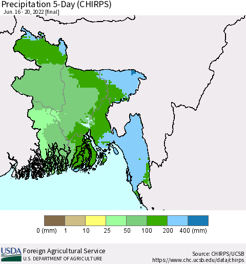 Bangladesh Precipitation 5-Day (CHIRPS) Thematic Map For 6/16/2022 - 6/20/2022