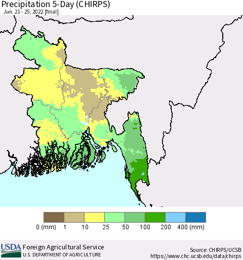 Bangladesh Precipitation 5-Day (CHIRPS) Thematic Map For 6/21/2022 - 6/25/2022