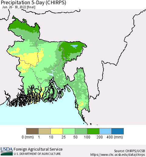 Bangladesh Precipitation 5-Day (CHIRPS) Thematic Map For 6/26/2022 - 6/30/2022
