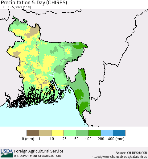 Bangladesh Precipitation 5-Day (CHIRPS) Thematic Map For 7/1/2022 - 7/5/2022
