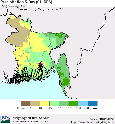 Bangladesh Precipitation 5-Day (CHIRPS) Thematic Map For 7/6/2022 - 7/10/2022