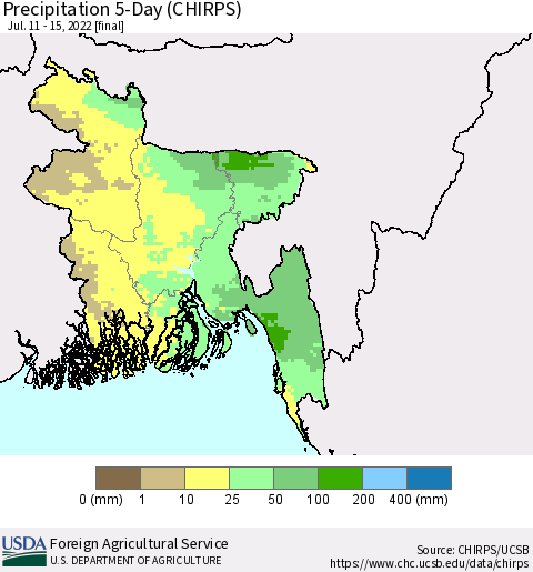 Bangladesh Precipitation 5-Day (CHIRPS) Thematic Map For 7/11/2022 - 7/15/2022