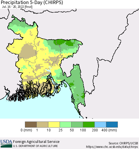 Bangladesh Precipitation 5-Day (CHIRPS) Thematic Map For 7/16/2022 - 7/20/2022