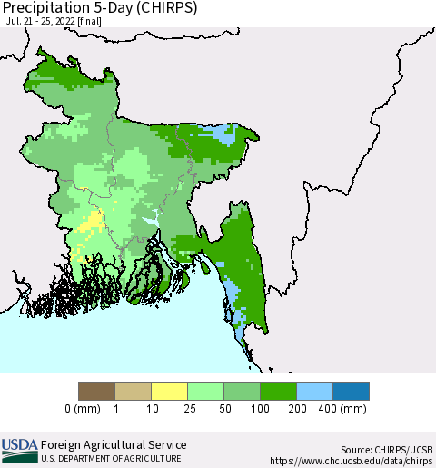 Bangladesh Precipitation 5-Day (CHIRPS) Thematic Map For 7/21/2022 - 7/25/2022
